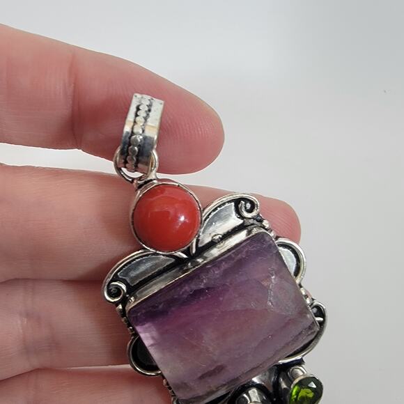 Handmade Silver Pendant with Banded Amethyst Jasper and Green Quartz Trio - Picture 8 of 10